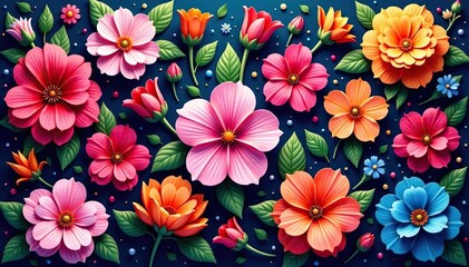 Wall Mural - continuous blooming flowers, vibrant hues, intricate design, seamless, illustration