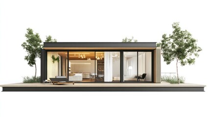Aufkleber - Modern house architectural rendering with open floor plan, large windows, patio, and surrounding trees.