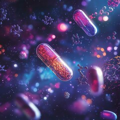Poster - Vibrant Capsules and Molecular Structures Floating in a Colorful, Abstract Space With Glowing Particles