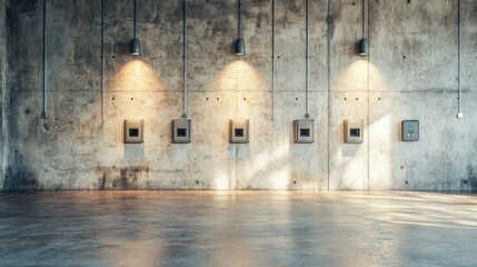 Poster - Modern interior with exposed concrete wall, illuminated by spotlights, featuring empty wall-mounted boxes.