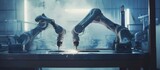 Robot arms working together to mill a metal surface.
