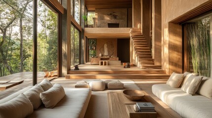 Poster - Modern minimalist house interior with large windows, wooden floors and furniture, and a view of lush green forest.