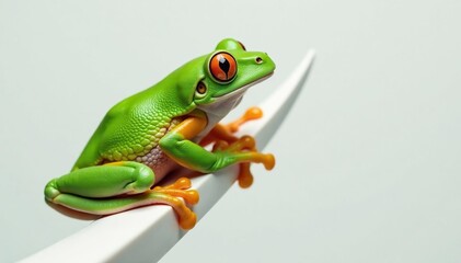 Wall Mural - Green tree frog perched on white, vibrant skin, eyes, simple