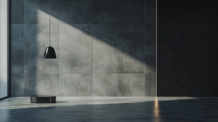 Aufkleber - Modern minimalist interior design with concrete wall, large window, pendant lamp, and geometric platform.