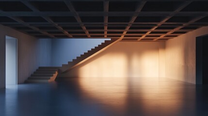 Aufkleber - Modern minimalist interior with stairs, sunlight streaming through, reflecting on polished floor.