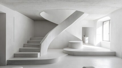 Poster - Modern minimalist white interior with curved staircase and platforms.