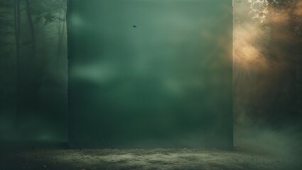Poster - mysterious green structure surrounded by fog in a forest during twilight