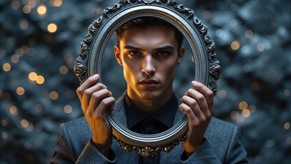 Poster - model poses with an ornate mirror frame, showcasing a mysterious look in a dimly lit artistic settin