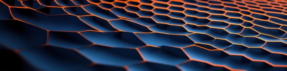 a minimalistic blue background with a grid of interlocking hexagonal shapes in orange and dark gray