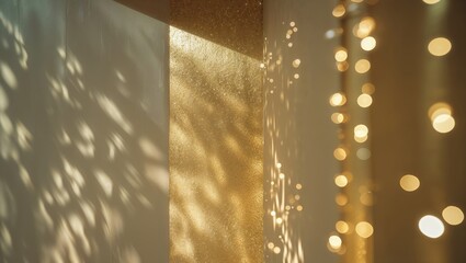 Poster - Warm sunlight streaming through a window creates golden reflections on a wall decorated with soft bokeh lights