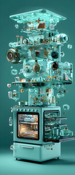 Teal Retro Kitchen Appliances in a Surreal 3D Composition