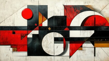 Poster - geometric composition with primary colors contrasting shapes and textures creating a dynamic modern abstract design in a textured style