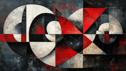 Poster - geometric abstraction in black white and scarlet hues displaying dynamic circular and triangular interplay textured with nuanced brushwork