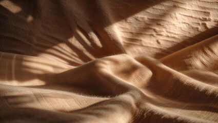 Poster - Soft natural light highlights the texture of a warm beige fabric draped elegantly on a surface in a serene indoor setting