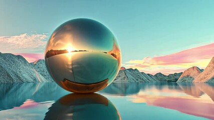 Aufkleber - Surreal vaporwave scene with golden ball on the pink landscape with mountains and sea. 90s or Y2K styled abstract surreal pink composition