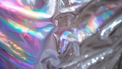 Poster - Shimmering metallic fabric displaying vibrant rainbow hues under soft light conditions
