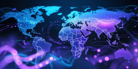 Poster - Colorful digital map of the world illustrating connectivity and technology trends in a modern setting