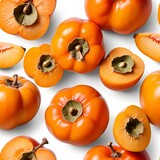 Ripe Persimmons, Whole and Halved, Seamless Pattern