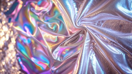 Poster - Shimmering iridescent fabric folds creating a mesmerizing visual texture in soft lighting