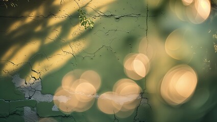 Poster - Sunlight casts soft reflections on a cracked green wall in an outdoor setting during late afternoon