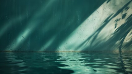 Poster - Reflections on calm water along a textured green wall during late afternoon light