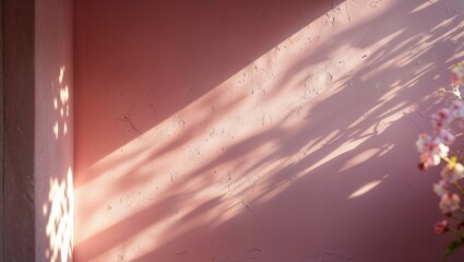 Poster - soft sunlight casts delicate shadows on a pastel pink wall adorned with floral elements in a serene 