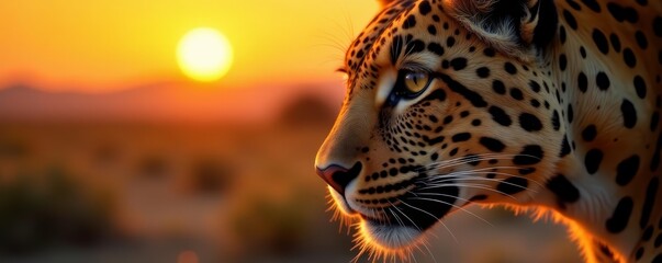 close-up of leopard's eyes with sunset background, close-up, leopard