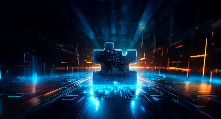 Poster - A luminous jigsaw puzzle piece, centrally positioned, emits a vibrant blue glow against a dark backdrop. Streaks of orange and blue light suggest a futuristic, technological network or connection.