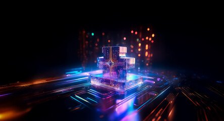 Poster - abstract glowing geometric structure with vibrant neon lights against a dark backdrop. illuminated w