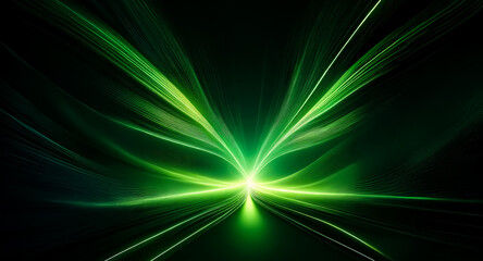 Wall Mural - abstract green light beams expand from a luminous central point on a dark backdrop. suggests energy 