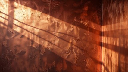 Poster - Light and shadow interplay creating artistic patterns on a textured wall in a warm-toned interior setting during sunset