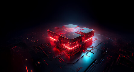 Poster - a glowing red cube hovers above a dark, textured surface, illuminated by vibrant blue reflections. t