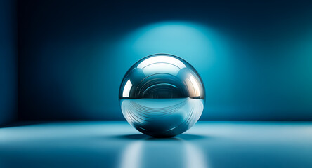 Aufkleber - shiny chrome sphere centered on a blue surface, illuminated by a spotlight. a simple composition wit