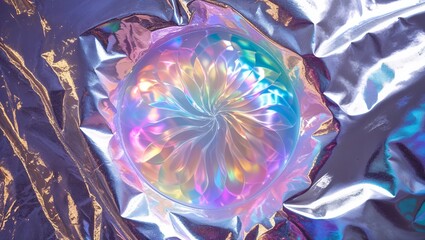 Poster - Vibrant crystalline orb resting on reflective surface with mesmerizing colors at a creative workspace