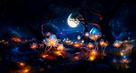 Wall Mural - enchanting night scene featuring luminous flora under a full moon and starry expanse. dark trees fra