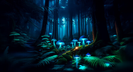 Canvas Print - mysterious dark forest at night, with a path illuminated by glowing blue mushrooms, creating an ench