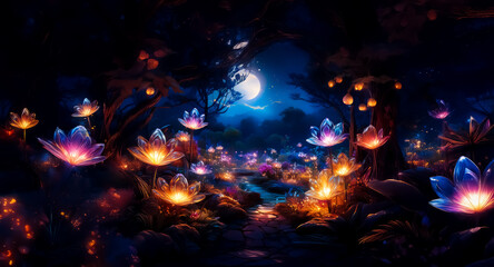 Wall Mural - enchanting night scene with luminous lotus flowers blooming in a mystical forest under the glow of a