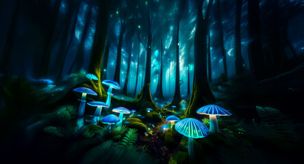 Canvas Print - mysterious dark forest at twilight with luminescent blue mushrooms illuminating the woodland floor, 