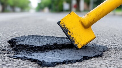 Close-up of a yellow-handled asphalt repair tool applying black asphalt to a damaged road surface on a bright sunny day in an urban setting