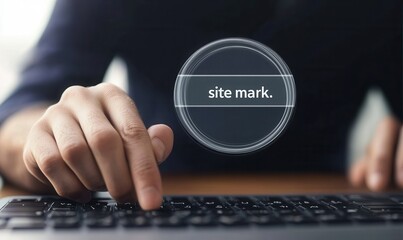 Close up of hands interacting with a digital interface displaying 'site mark' in a circular element. The person is using a laptop, suggesting website