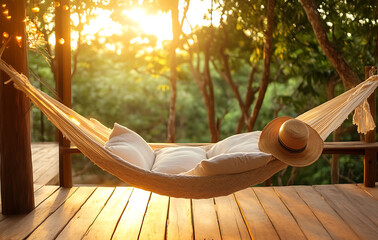 Wall Mural - Cozy hammock corner on a wooden deck with soft white cushions, a straw hat, and warm golden sunset light 