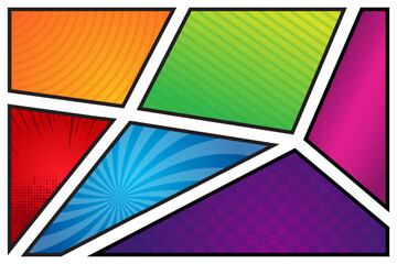 Poster - the illustration of comic book page horizontal background with six colorful frames, rays, radial, dotted, stripped, square and halftone effects in pop art style colors