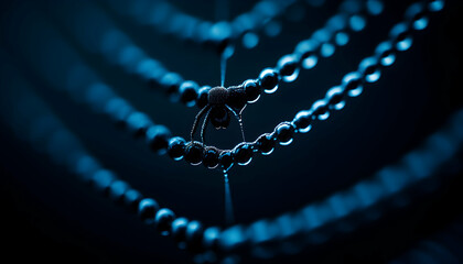 Intricate spiderweb glistening with dew, a small spider sits in the center, dark blue tones, macro photography.