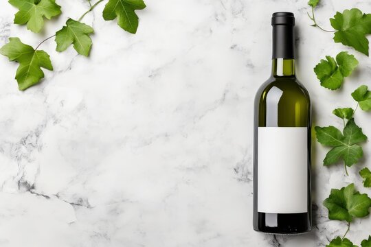 Elegant Green Wine Bottle with Blank Label Surrounded by Fresh Green Leaves on Marble Background for Beverage or Culinary Projects