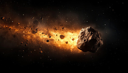 Wall Mural - a dramatic depiction of a large asteroid traveling through space, surrounded by glowing debris and c