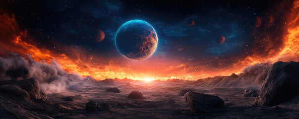 Wall Mural - a stunning cosmic landscape featuring a vibrant planet, fiery skies, and distant celestial bodies am