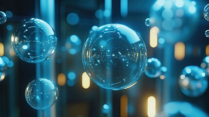 Poster - Bubbles Floating in a Brightly Lit Abstract Space with Blue Highlights