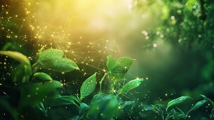 Poster - Lush Green Leaves with Abstract Light Particles and Digital Effect