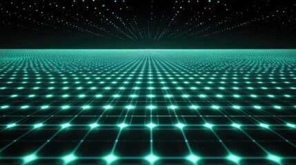 Fototapete - Futuristic Neon Grid Horizon with Dots and Light Effects