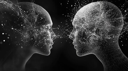 Poster - Digital Connection Between Two Abstract Human Faces with Data Flow